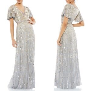 Mac Duggal 5538 Embellished V-Neck Butterfly Sleeve Column Platinum Gown, Size 4